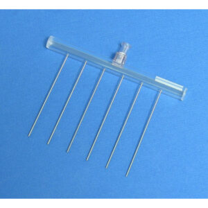 6 Channel Aspiration or Dispensing Manifold on 20 mm centers and 65 mm long for 24 Well Microplates, Polycarbonate Barrel