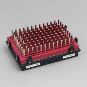 Magnetic Bead Separation Block for 96 deep well microplates, 117 tall square post magnets, vertical magnetic pull, red anodized aluminum magnet frame, SBS footprint, includes high profile Registration Base VP 771G-4RM-1. Each.
