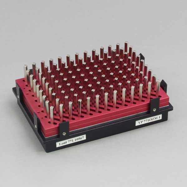 Magnetic Bead Separation Block for 96 deep well microplates, 117 tall square post magnets, vertical magnetic pull, red anodized aluminum magnet frame, SBS footprint, includes high profile Registration Base VP 771G-4RM-1. Each.