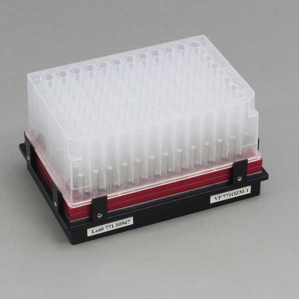 Magnetic Bead Separation Block for 96 deep well microplates, 117 tall square post magnets, vertical magnetic pull, red anodized aluminum magnet frame, SBS footprint, includes high profile Registration Base VP 771G-4RM-1. Each.