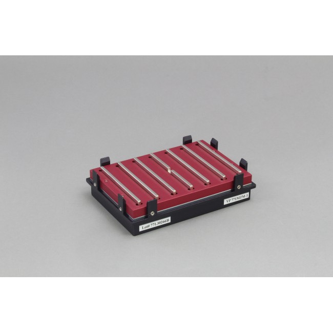 Magnetic Bead Separation Block for 96 well microplates, standard and deep well, 7 bar magnets, center magnet with notch, alternating polarity, red anodized aluminum magnet frame, SBS footprint, includes high profile Registration Base VP