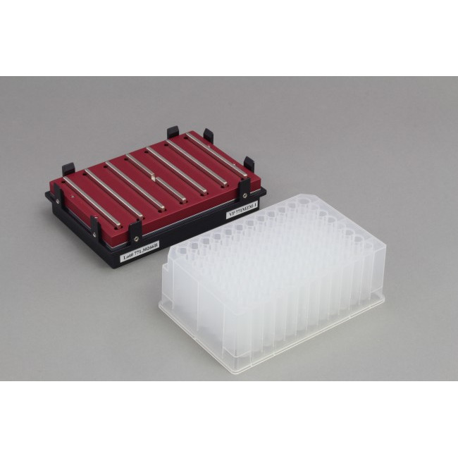 Magnetic Bead Separation Block for 96 well microplates, standard and deep well, 7 bar magnets, center magnet with notch, alternating polarity, red anodized aluminum magnet frame, SBS footprint, includes high profile Registration Base VP