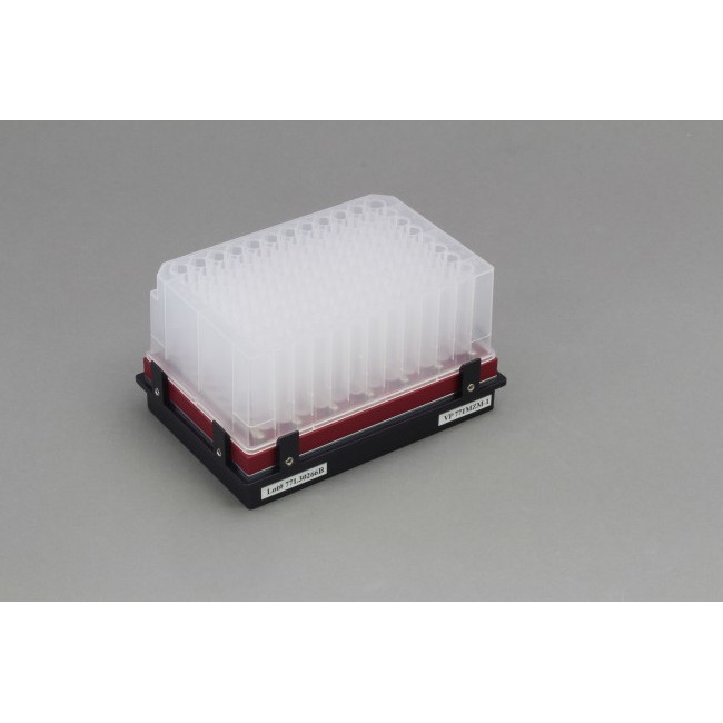 Magnetic Bead Separation Block for 96 well microplates, standard and deep well, 7 bar magnets, center magnet with notch, alternating polarity, red anodized aluminum magnet frame, SBS footprint, includes high profile Registration Base VP