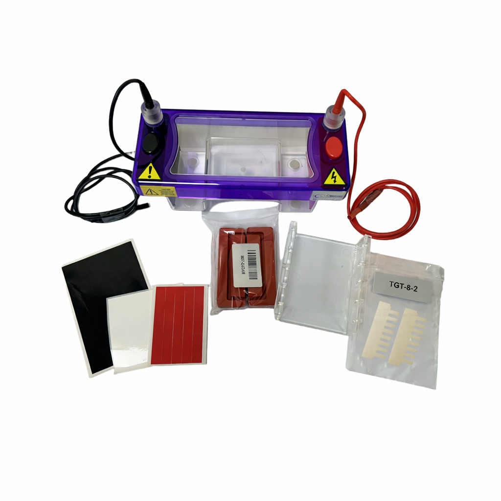 Teaching gel tank to run 1x 7x10cm gel trays, includes: 2x 8-sample combs, casting dams, loading guides and cables.